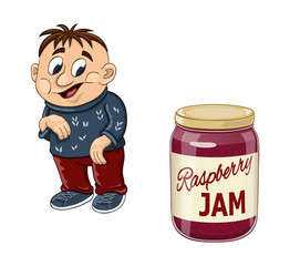 Funny cartoon fat boy will ready to eat whole jar of raspberry jam
