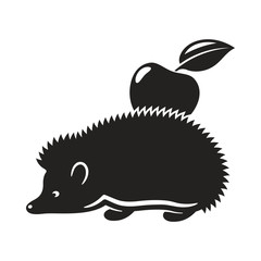 Hedgehog with apple. Monochromatic illustration