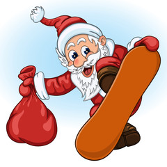 Funny cartoon Santa Claus with gift bag in one hand makes breathtaking jump on the snowboard