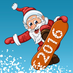 Cartoon Santa Claus makes jump on the snowboard