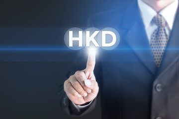 A Businessman holding a white sign with the message HKD. Can bring to the medium of your ad.