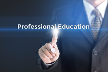 A Businessman holding a white sign with the message professional education. Can bring to the medium of your ad.