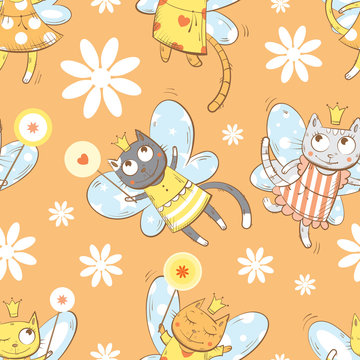 Vector seamless pattern with fairies cats and white  flowers on a orange  background.