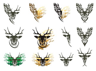 Tribal deer symbols and deer splashes. Set of decorative deer head emblems isolated on a white background