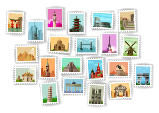 postage stamp. travel icons set