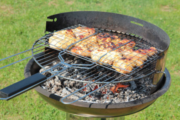Preparation of kebabs on grill outdoor