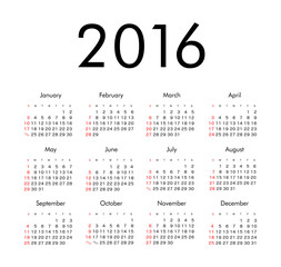 Simple 2016 year vector calendar