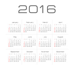 Simple 2016 year vector calendar