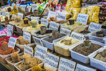 Fototapeta premium Vivid oriental central asian market with bags full of various sp