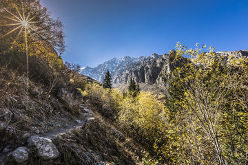 The panorama of mountain landscape of Ala-Archa gorge in the sum