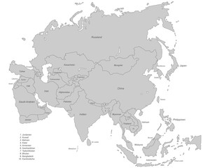 Asien in grau (beschriftet) - Vektor