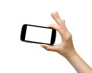 Young woman holding smartphone - isolated on white background