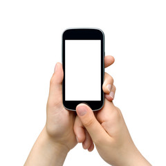 Young woman holding smartphone - isolated on white background