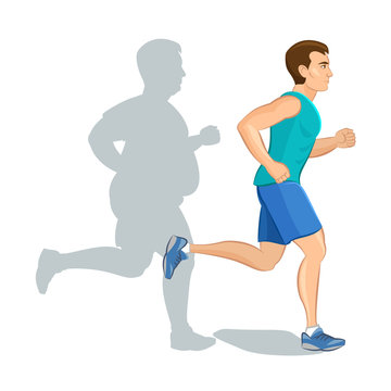 Illustration of a cartoon man jogging, weight loss concept