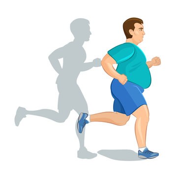 Illustration of a fat cartoon man jogging, weight loss concept