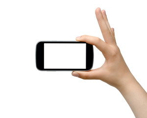 Young woman holding smartphone - isolated on white background