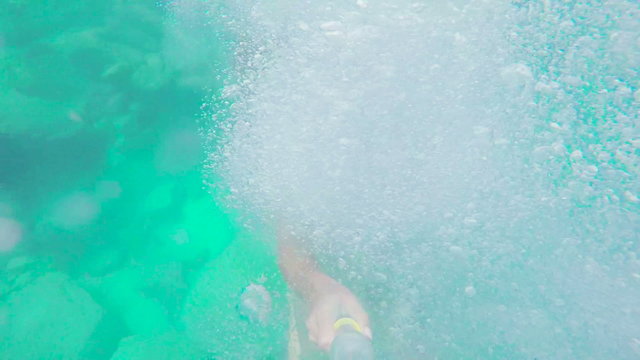 Athletic Young Woman Jumping From Cliff Into Ocean Sea Water Muscular Adventure Extreme Sports Lifestyle Hobby Vacation Clear Beach Slow Motion Leisure Activity Gopro HD