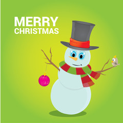 Vector snowman on blue sky background with stars.