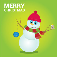 Vector snowman on blue sky background with stars.