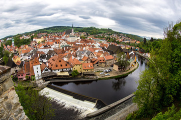 Fototapeta na wymiar Aerial view of old Town of Cesky Krumlov, Czech Republic Panorama