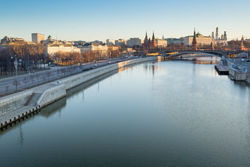 Classic view of the Moscow Kremlin in the early morning with reflections