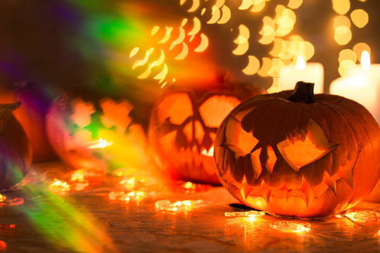 Glowing Halloween pumpkin lanterns