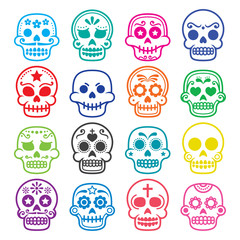 Fototapeta premium Halloween, Mexican sugar skull, Dia de los Muertos - cartoon icons