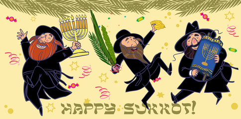 Funny cartoon jewish men dancing wiht ritual plants for Sukkot.