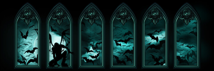 Halloween banner with bats, a fallen angel or a vampire, windows and the moon
