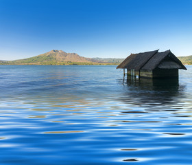 old house sunk reflection in batur lake