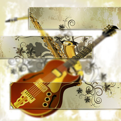 Vector illustration of a music blurred background with tinted glass frames, guitar and saxophone on grunge background with a pattern. Can be used as a poster or advertising, tinted fit any text.