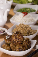 Cambodian Banchao; Grilled Pork Patties typically served with vegetables, rice vemicelli, condiments, fish sauce and sometimes, a broth. Unsharpened File