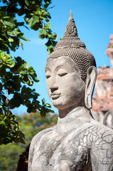 Closeup of a stone Buddha statue at Wat Mahathat temple, Ayutthaya, Thailand