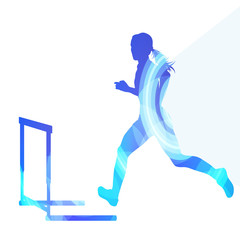 Female athlete clearing hurdle, race silhouette illustration, ve