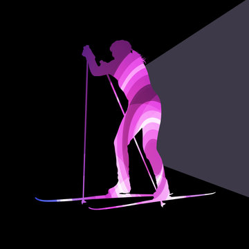Woman on ski silhouette illustration vector background colorful