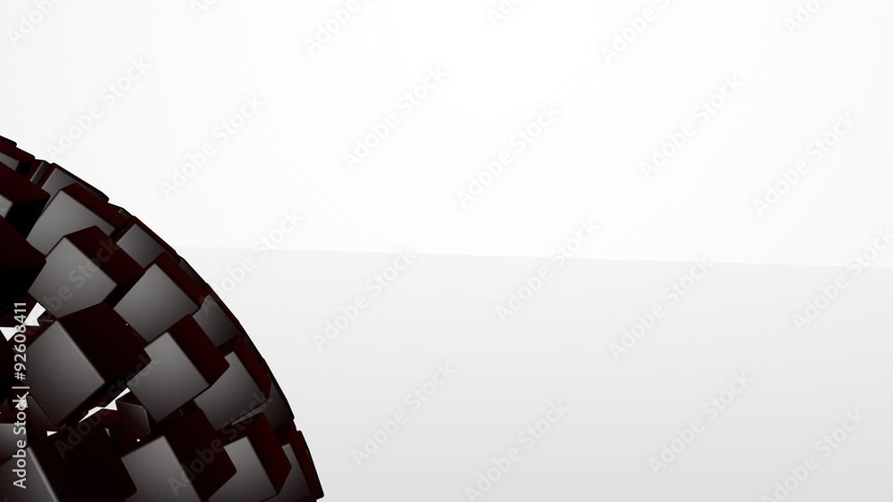 Poster 3d abstract advanced technology motion background. revolving sphere formed by glossy cubes with room
