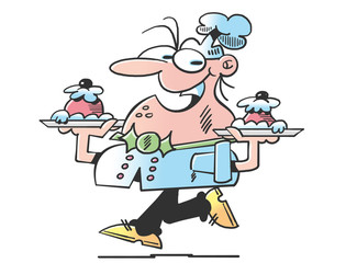 pastry chef running with cakes