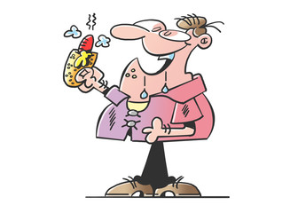 man eating a French hotdog