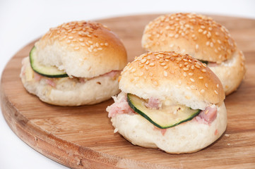 Burger sandwiches on the wooden board