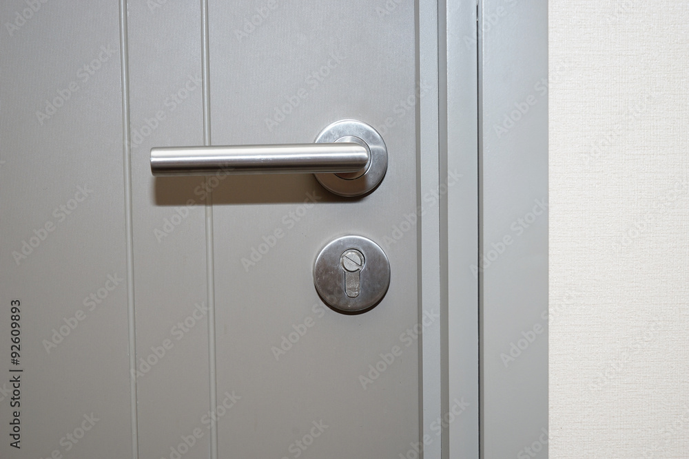 Wall mural silver handle on gray door