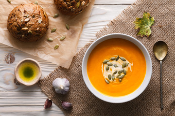 Traditional pumpkin soup meal