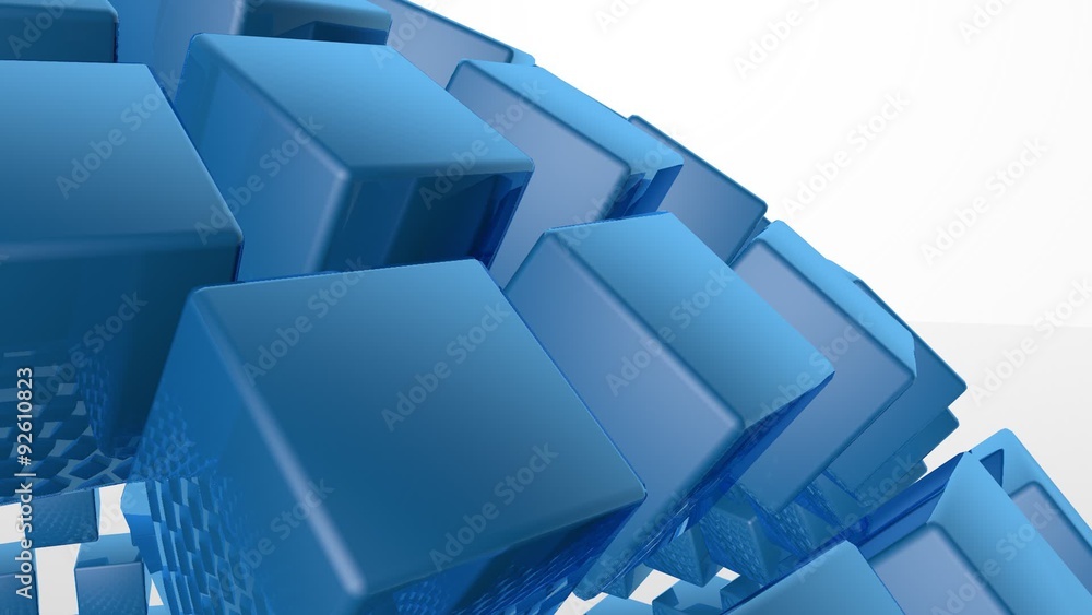 Poster 3d abstract advanced technology motion background. revolving sphere formed by glossy cubes with room