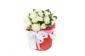 gift deluxe bucket of white roses on white background