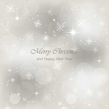 Christmas and Happy New Year greeting card with snow, flakes and glow. Vector light abstract background.