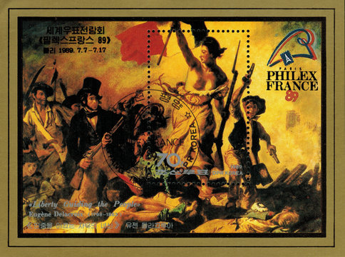 postage stamp/ mail stamp printed in DPR Korea featuring the painting of Eugene Delacroix - Liberty leading the people. The French revolution of 1830, the second French revolution, circa 1989
