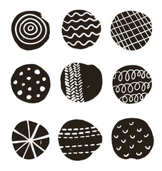 Black and white print with decorative circles.