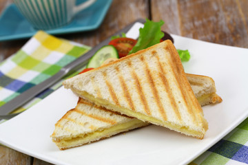 Toasted bread with melted cheese and green side salad on white plate
