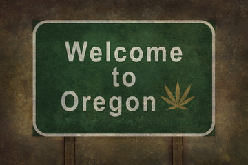 Welcome to Oregon roadside sign illustration (with marijuana lea