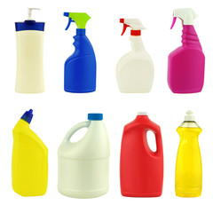 Collection of various household cleaning products  (blank plastic bottles and containers) isolated on pure white background. 