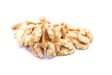 Small group of walnuts on a white background.